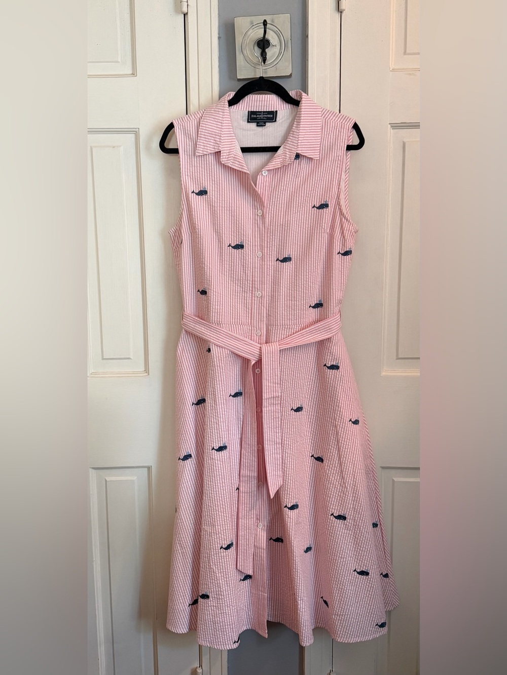 Kiel James Patrick Pink Seersucker Dress with Navy Whale Embroidery